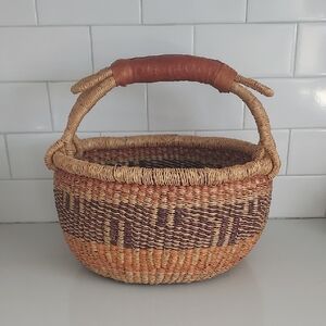 Market Basket African Bolga Leather Handle Fall Colors